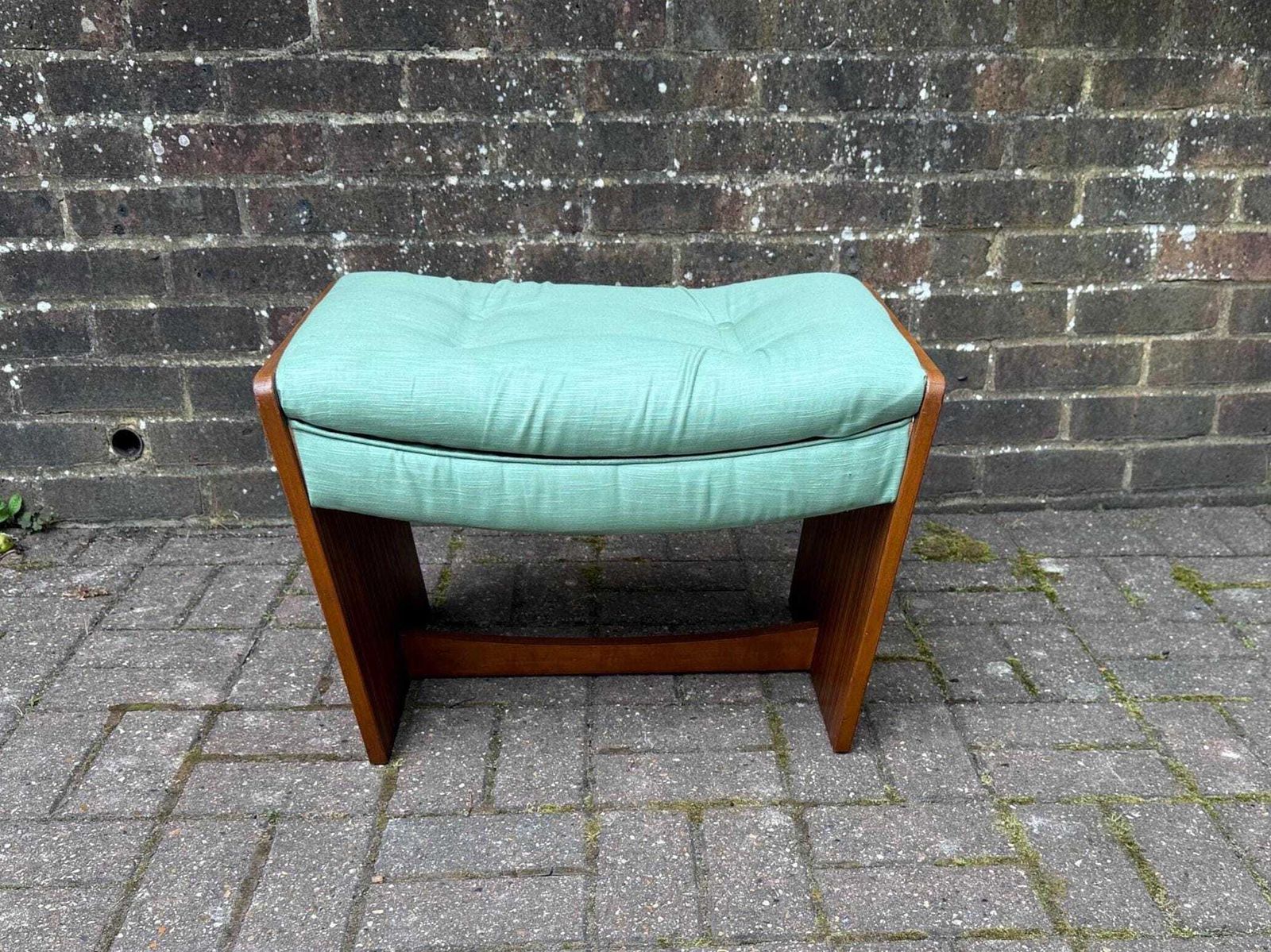 Vintage Meredew Dressing Stool – Mid Century Modern Stool With Afromosia Frame & Mint Green Upholstery, 1960s Bedroom Seating