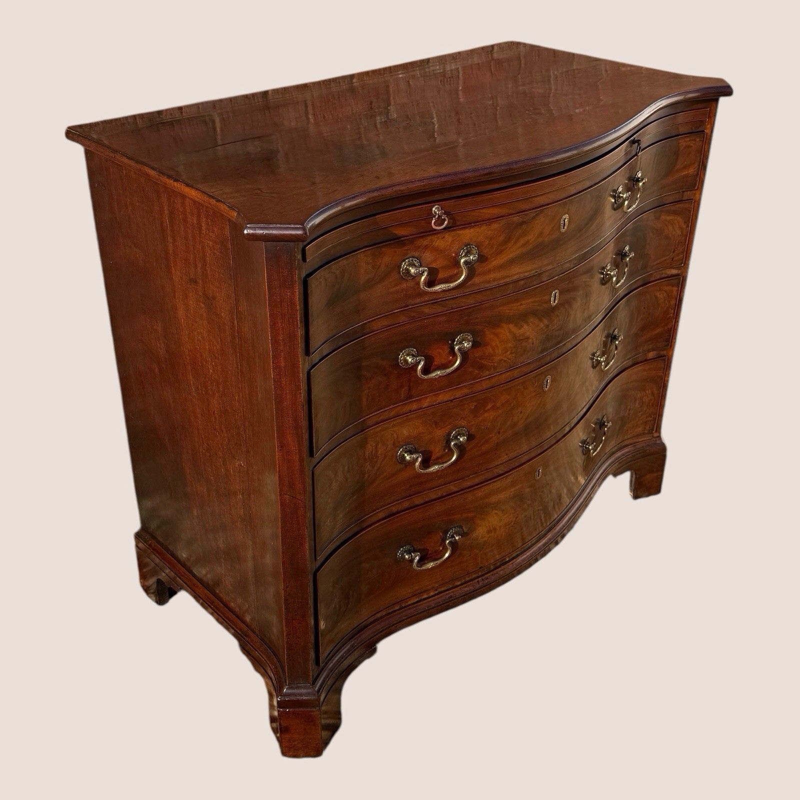Antique Georgian 1760 Mahogany Serpentine Chest Of Drawers Writing Brush & Slide photo for sale