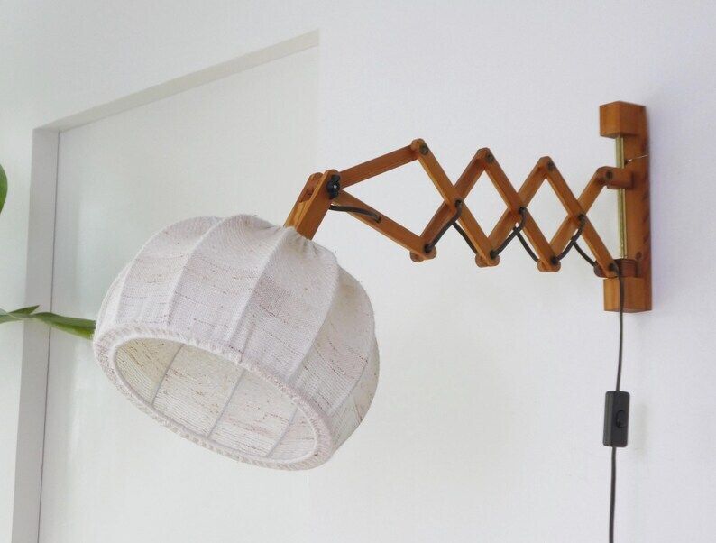 Scandinavian Accordion Style Vintage Wooden Lamp, Extendable Scissor Lamp With Fabric Shade, Mid Century Wall Lamp photo Lighting