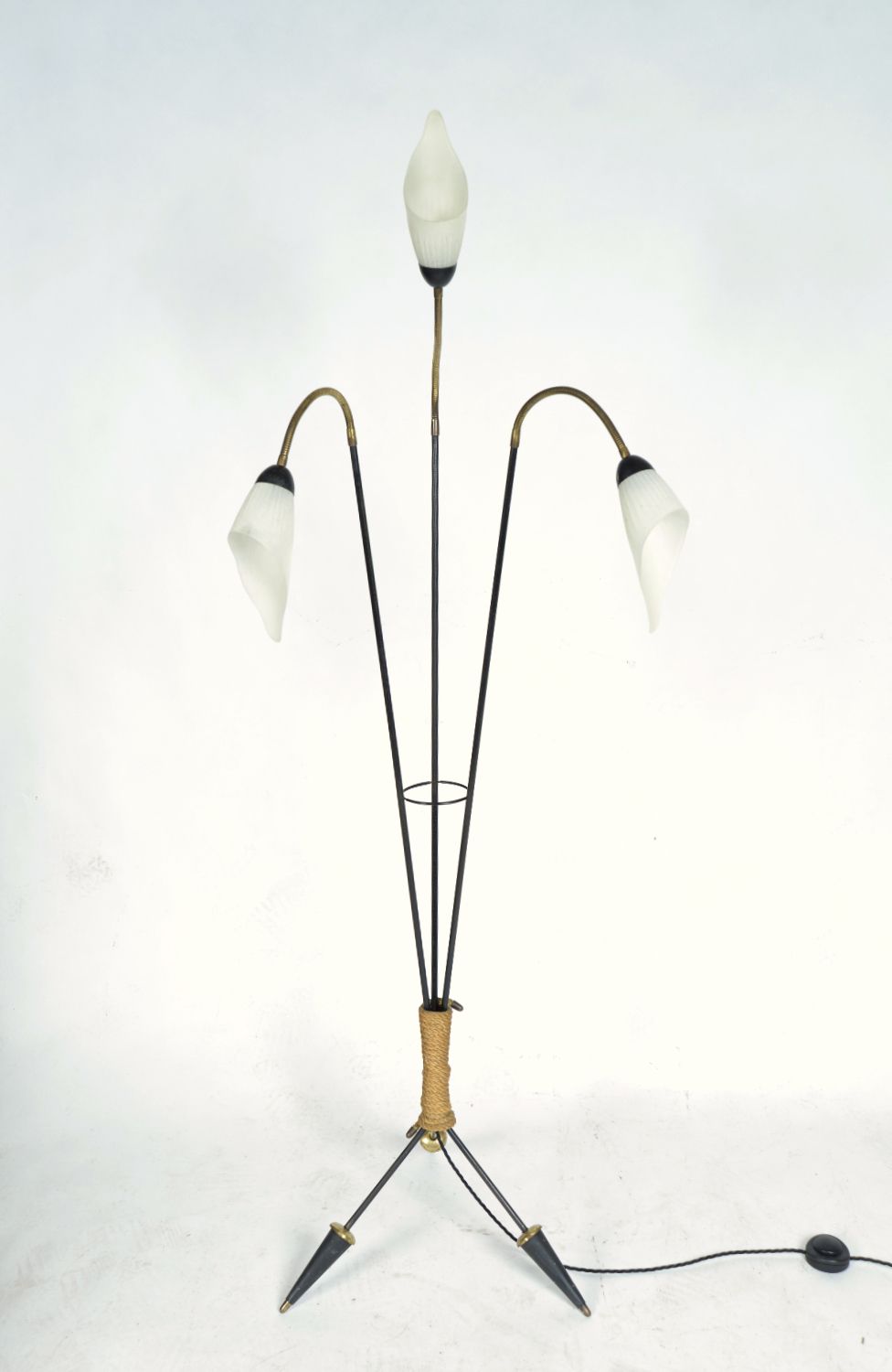 Midcentury 3 Arm Swan Neck French Tripod Standard Floor Lamp Brass Glass Steel 1950s photo furniture