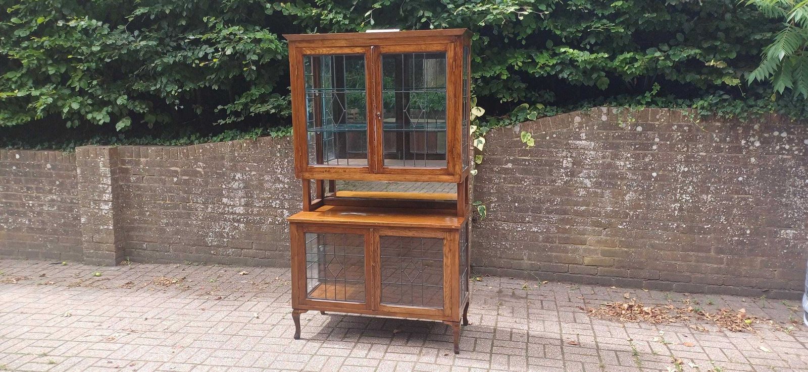 Massive Antique Arts & Crafts Oak Display Cabinet Leaded Glass Bookcase With Mirrored Back Glass Shelves Shopfitting
