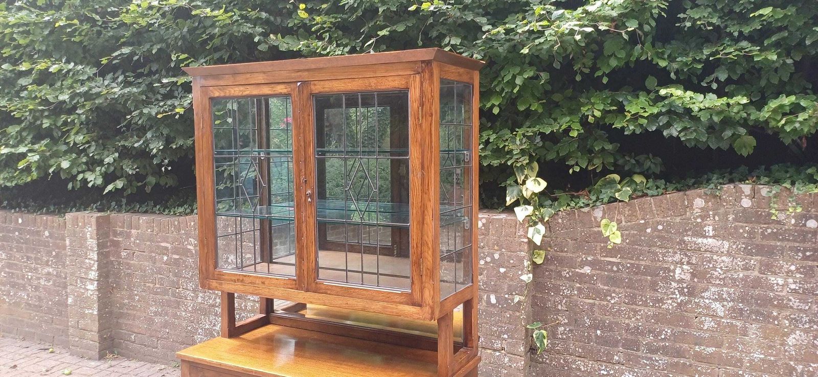 Massive Antique Arts & Crafts Oak Display Cabinet Leaded Glass Bookcase With Mirrored Back Glass Shelves Shopfitting photo vinterior