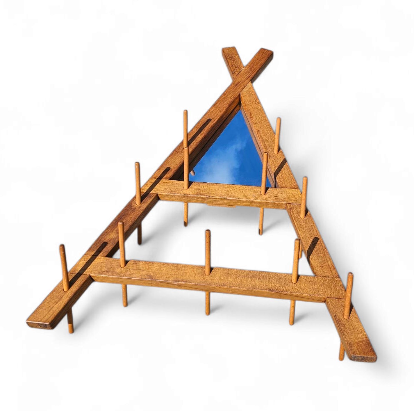 Wooden Wall Coat Rack / Triangular Shape / Triangle Mirror At The Top / 1960s photo vinterior
