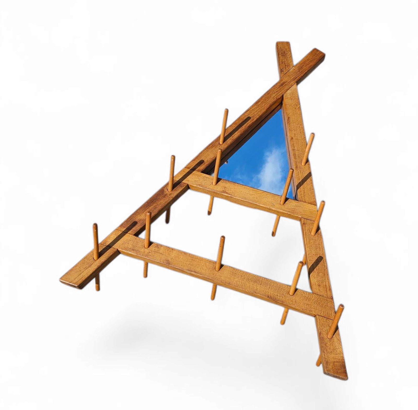 Furniture Wooden Wall Coat Rack / Triangular Shape / Triangle Mirror At The Top / 1960s photo