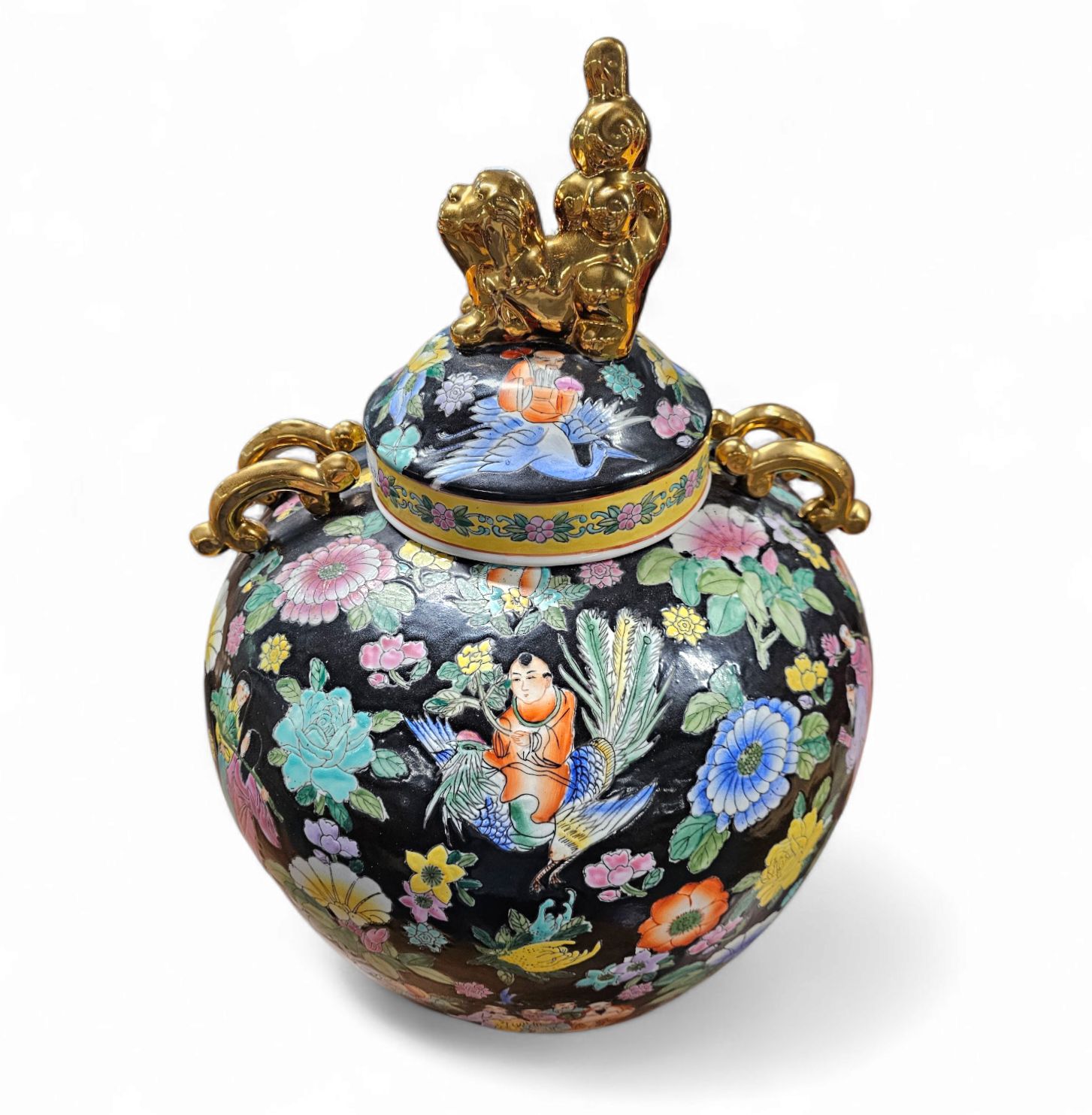 Large Famille Noir Chinese / Porcelain Ginger Jar / Hand Painted / Mille Fleur photo vintage