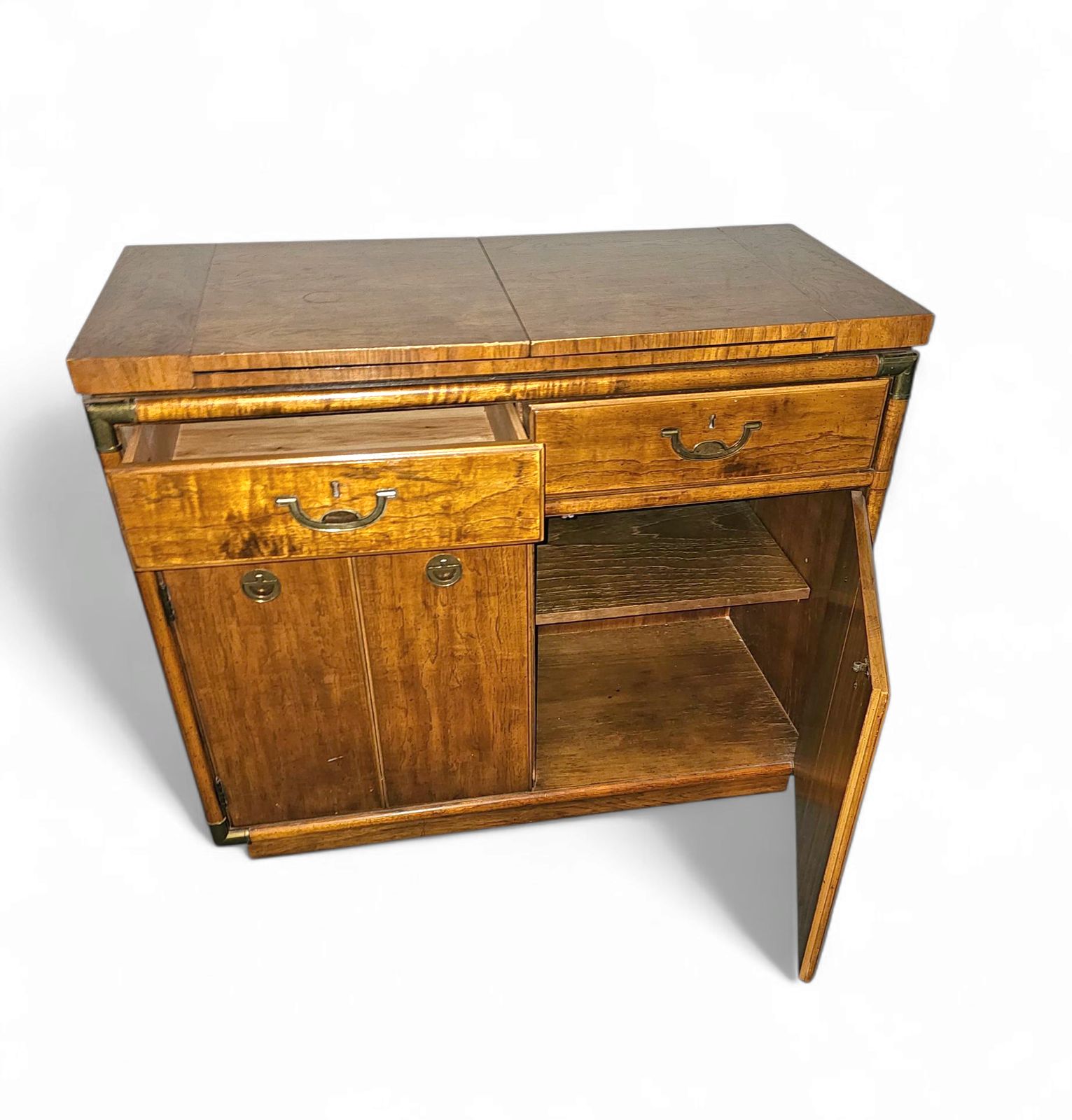 photo furniture Vintage Drexel Accolade Campaign Server Dry Bar On Casters / Flip Top 1980s