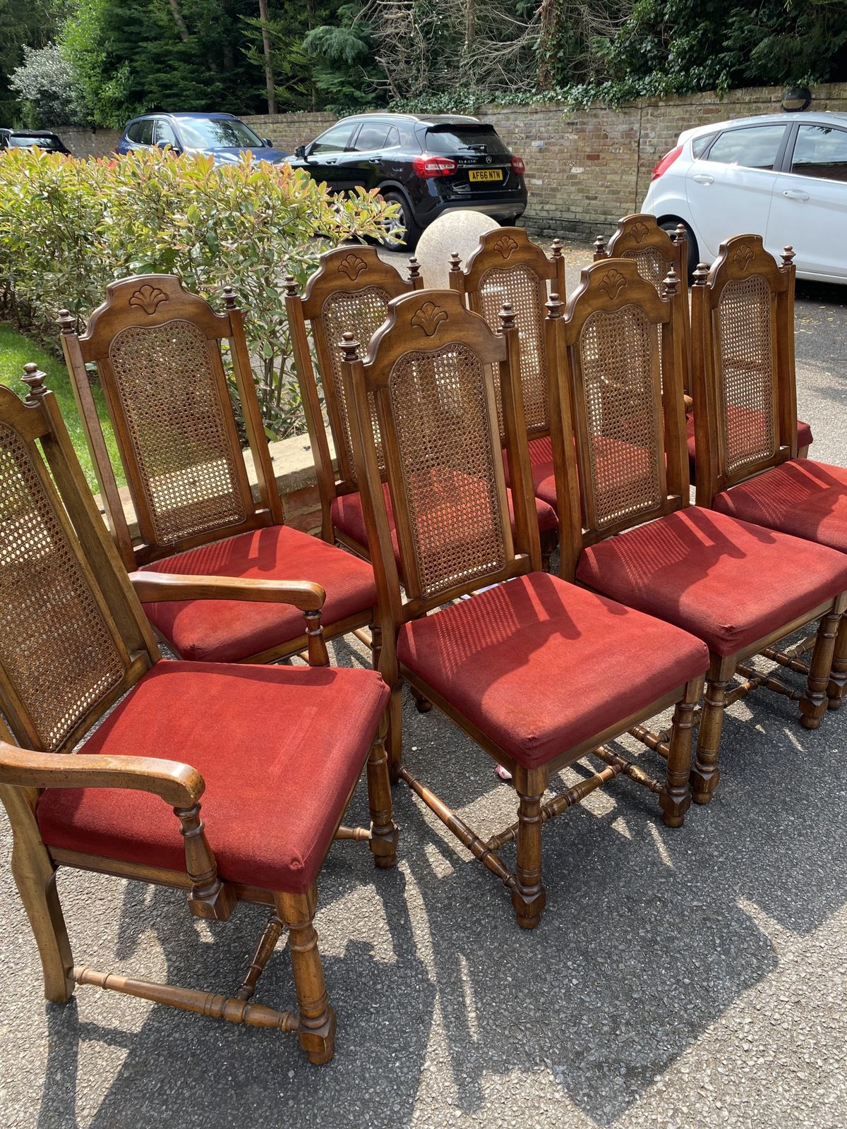 Set Of 8 Dining Rattan/Can Chairs, Maroon Velvet Seat Pads