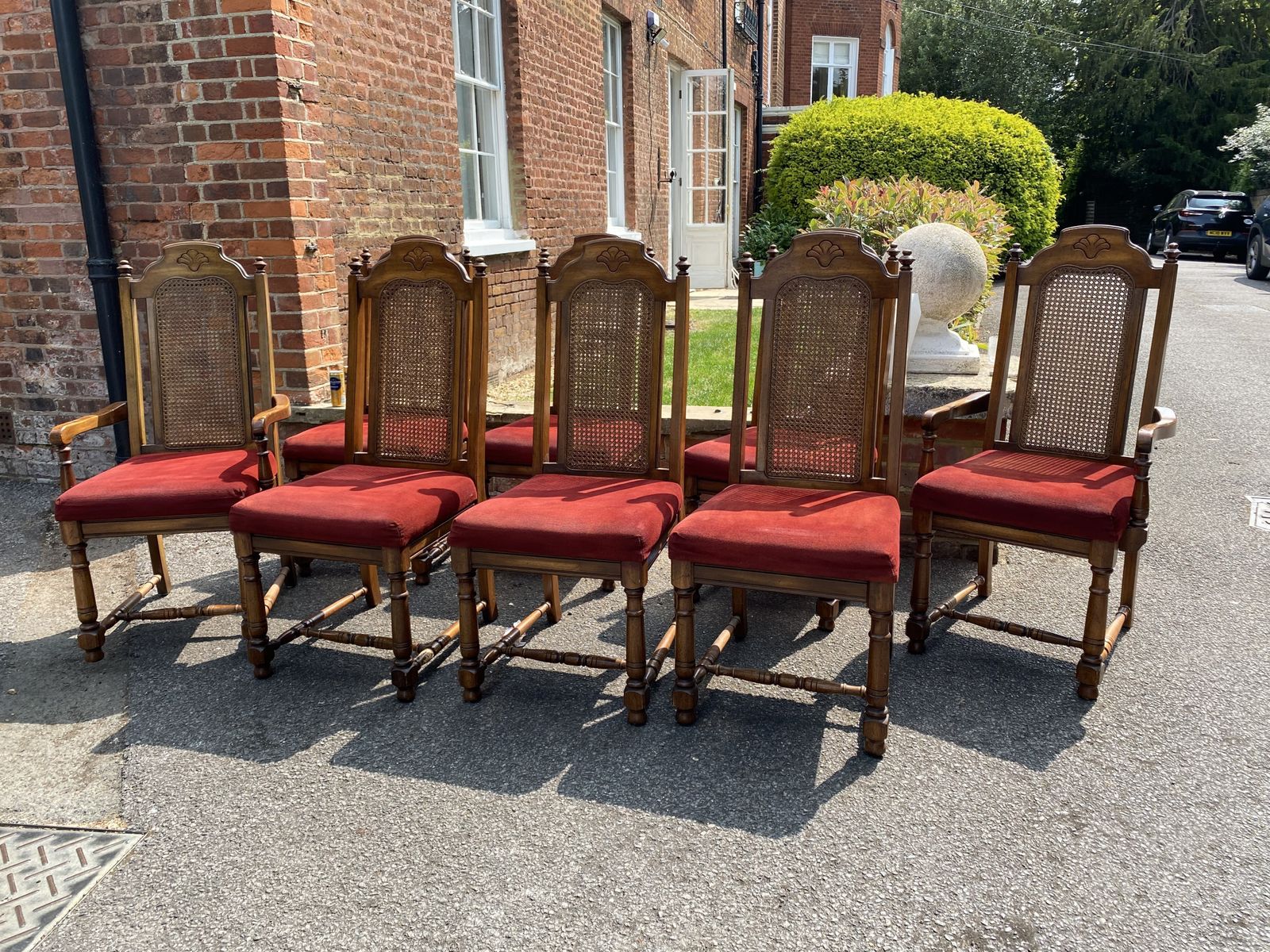 Set Of 8 Dining Rattan/Can Chairs, Maroon Velvet Seat Pads photo for sale