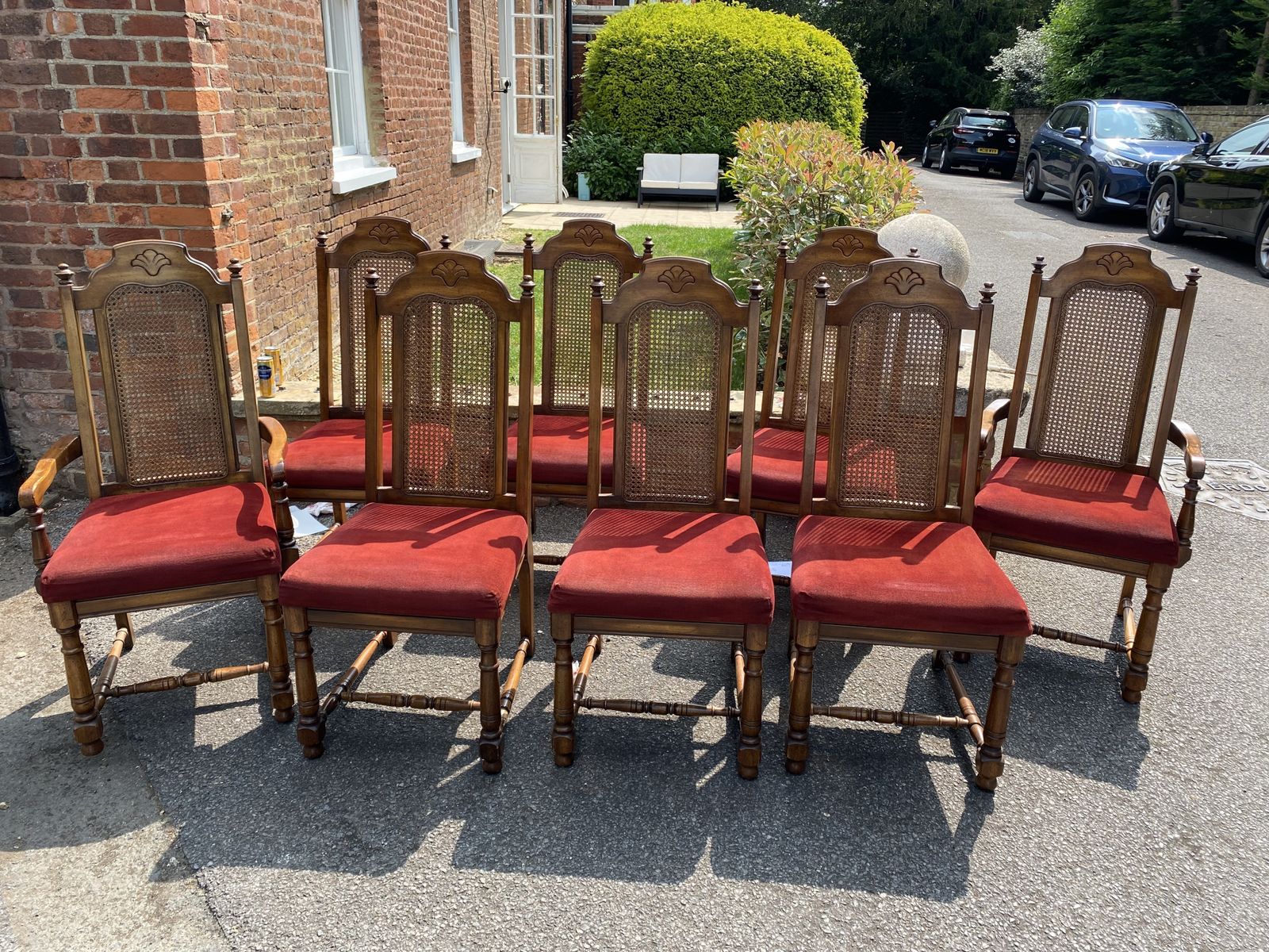 Set Of 8 Dining Rattan/Can Chairs, Maroon Velvet Seat Pads photo 500.0