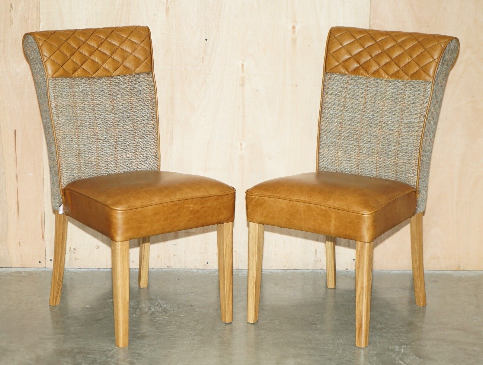 Pair Of Chesterfield Harris Tweed Brown Leather Hall Chairs Part Of Large Suite