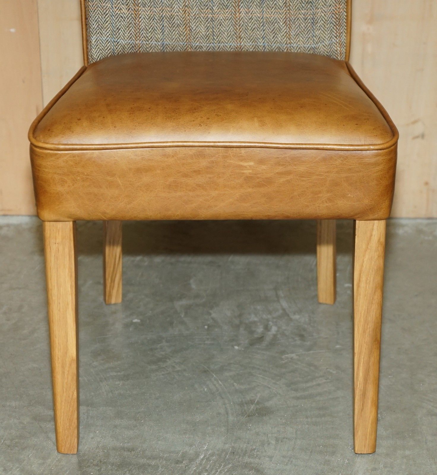 Pair Of Chesterfield Harris Tweed Brown Leather Hall Chairs Part Of Large Suite photo buy