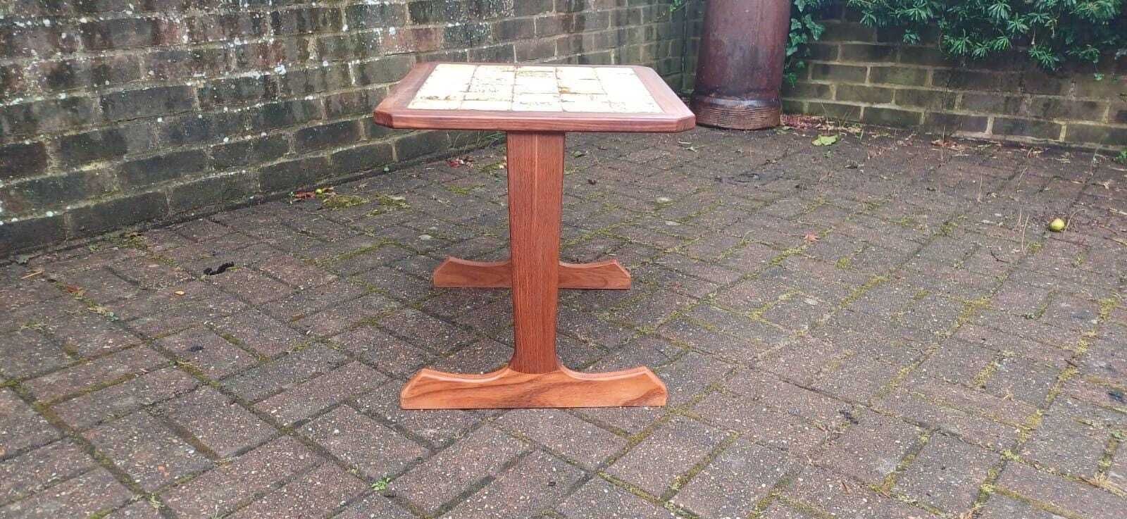 Vintage 1970s Danish Style Mid Century Tile Top Side Table – Teak Wood Accent Table With Retro Cream Glazed Ceramic Mosaic, Occasional Table photo Furniture