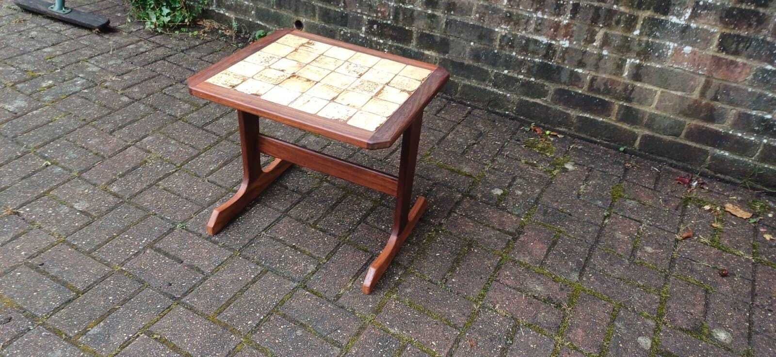 Vintage 1970s Danish Style Mid Century Tile Top Side Table – Teak Wood Accent Table With Retro Cream Glazed Ceramic Mosaic, Occasional Table photo 155.0