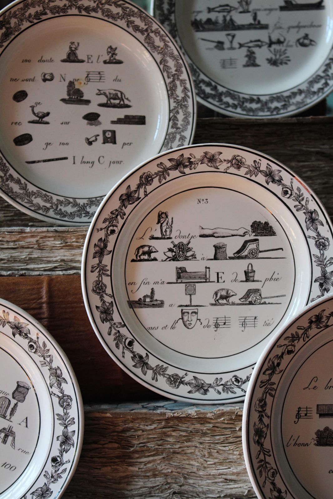 19th Century Collection Of Five French Rebus Riddle Puzzle Game Plates photo vintage