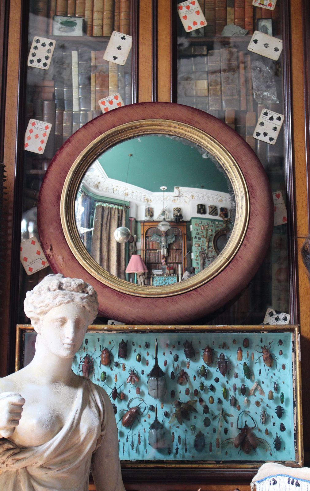 19th Century Faded Velvet Foxed Mercury Convex Country House Mirror photo for sale