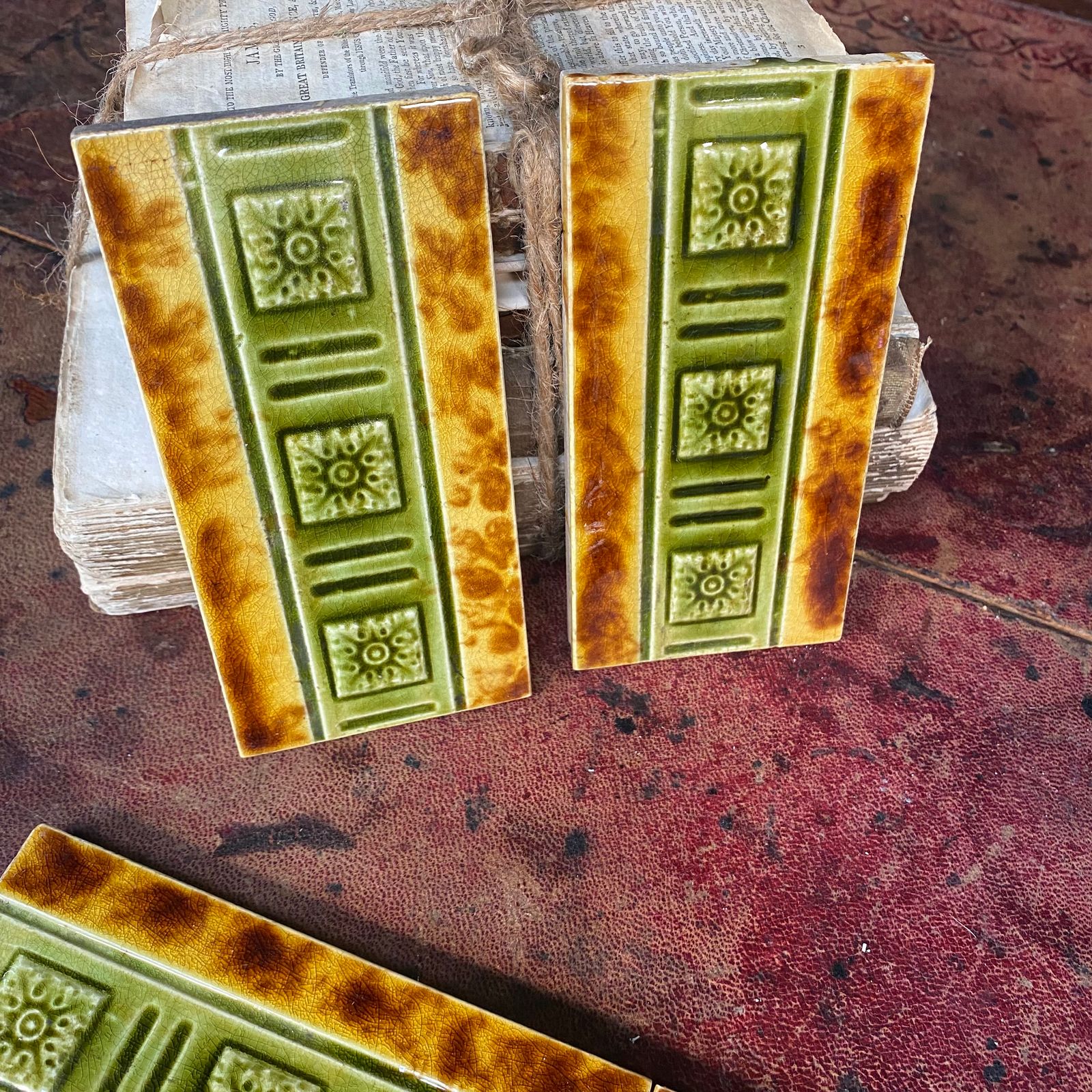 Antique Majolica Tin Plate Glazed Green Brown Embossed Metro Style Tile Set Of 8 photo for sale