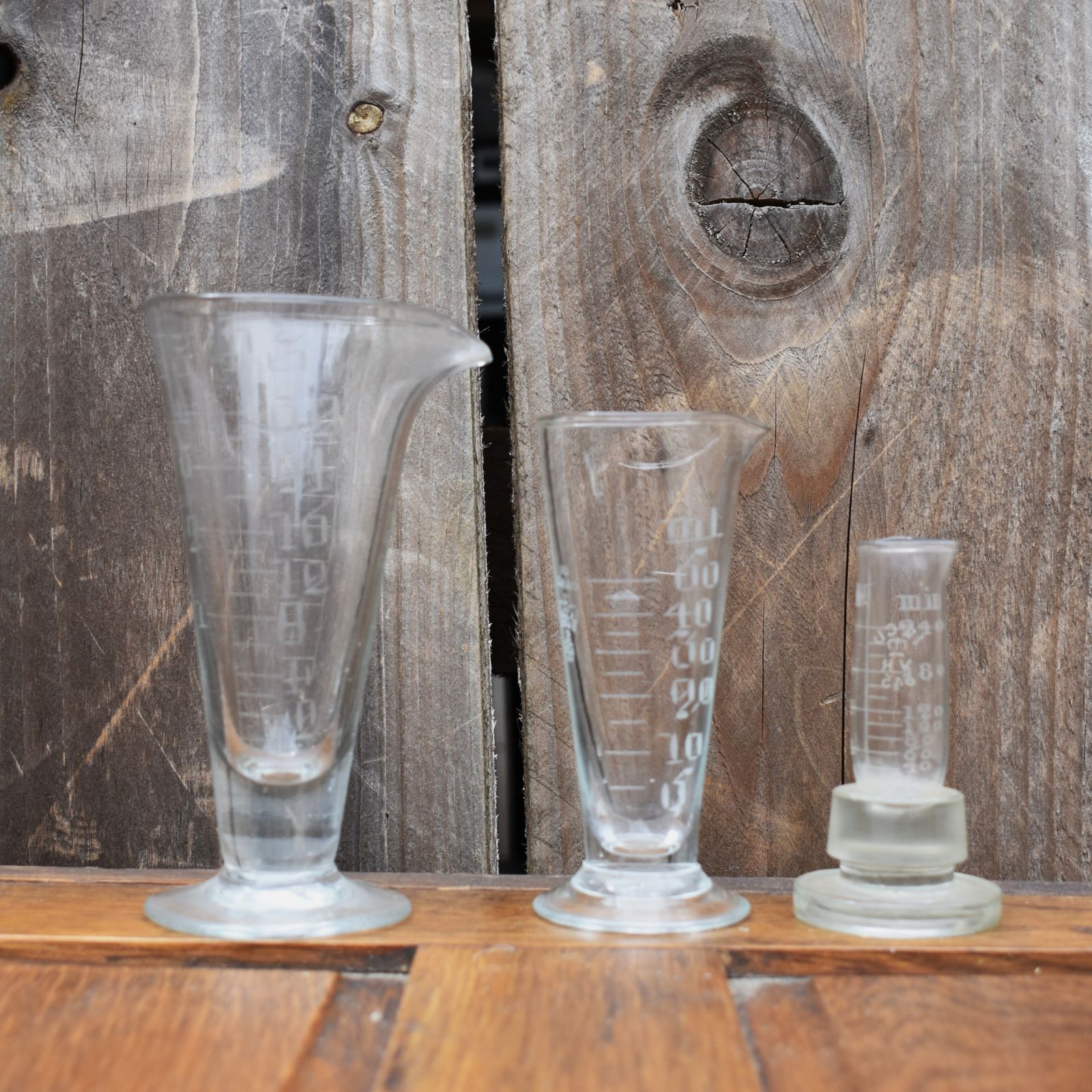 Antique Victorian Apothecary Hand Etched Measuring Flask Jug Stopper Set Of 3 photo furniture