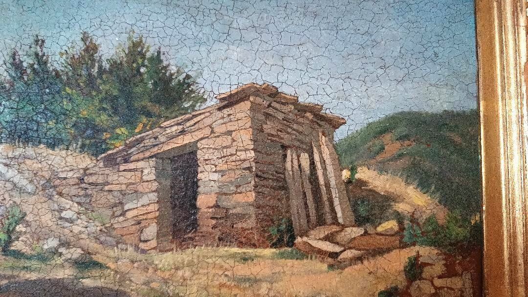 Oil On Cardboard Landscape Painting, Antique Frame From The Early 1900s photo for sale