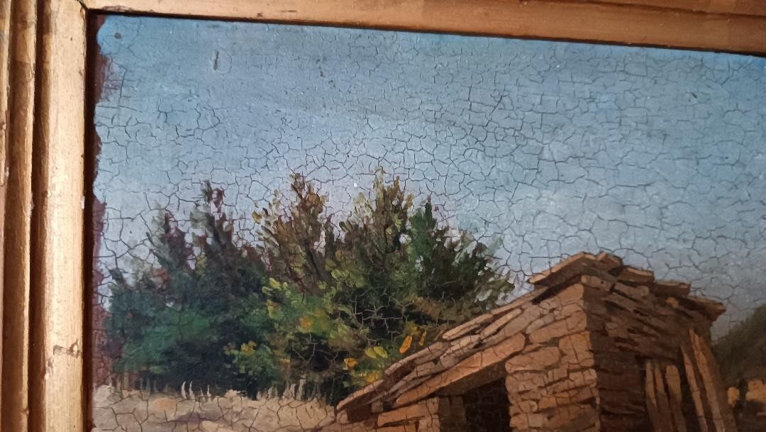 Oil On Cardboard Landscape Painting, Antique Frame From The Early 1900s photo buy