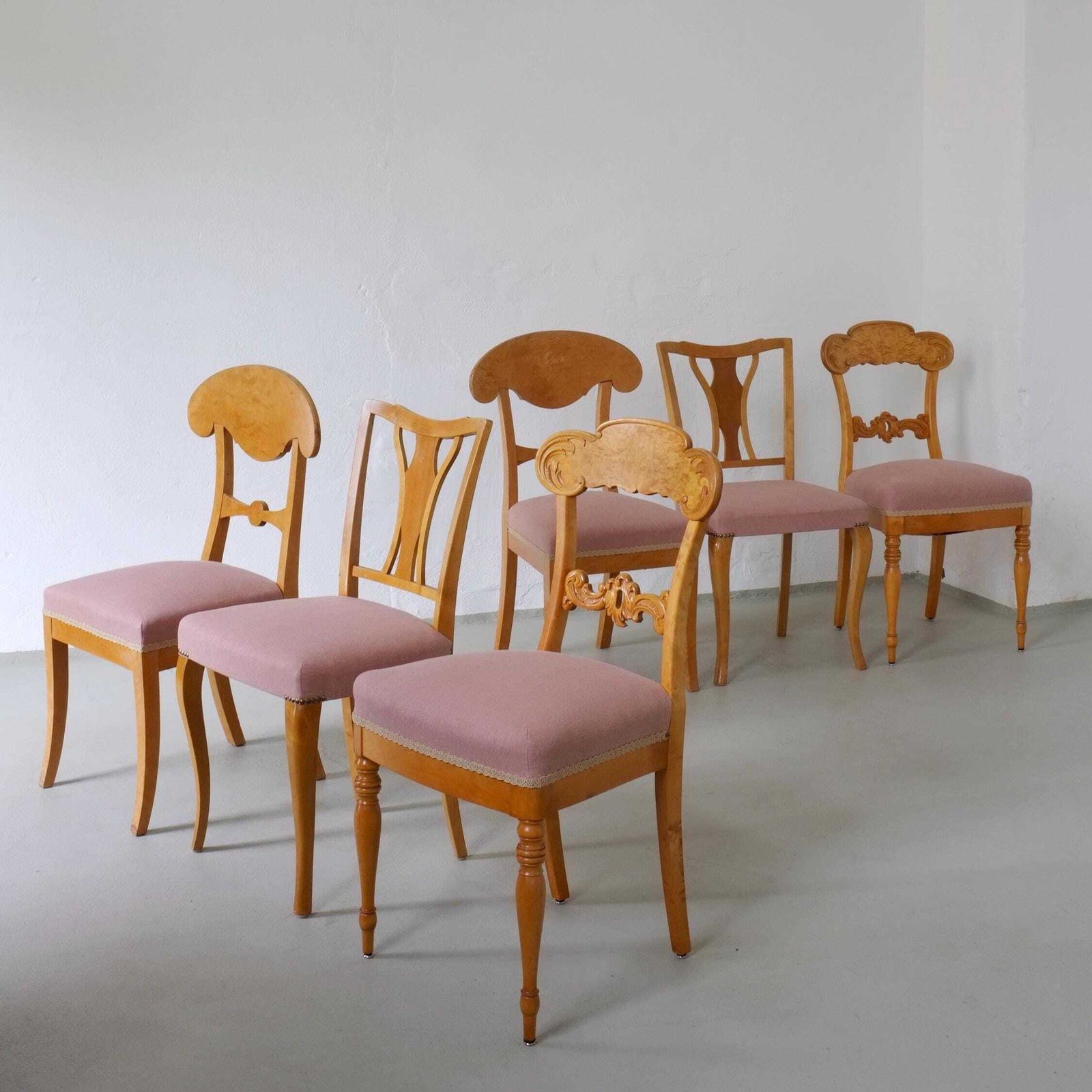 6 Mix & Match Swedish Biedermeier Golden Birch Chairs