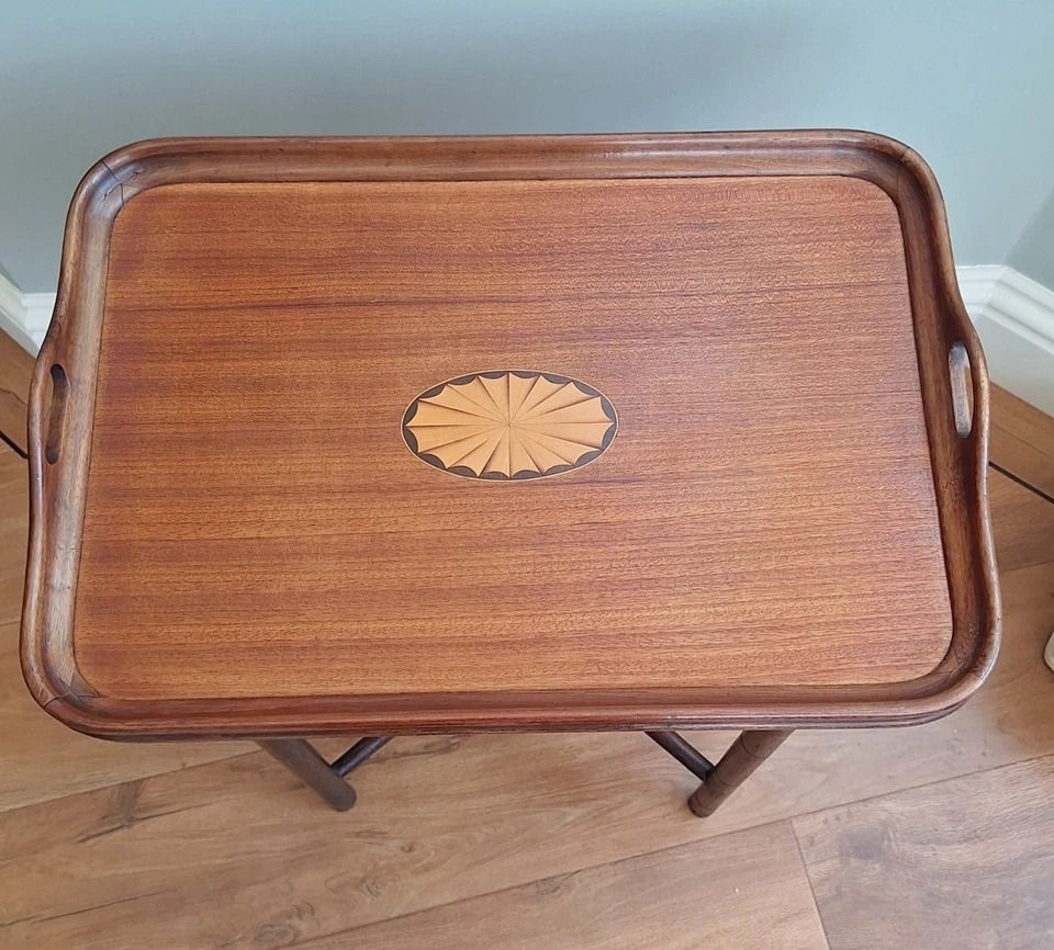 Antique Mahogany & Satinwood Sheraton Revival Inlaid Butlers Tray & Folding Stand photo vinterior
