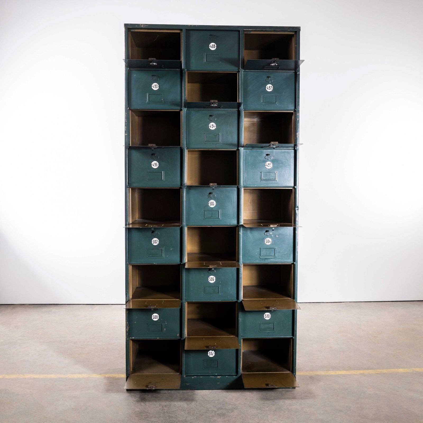 1920’s French Industrial Metal Cabinet Dark Green – Twenty Seven Klappets photo 2664.0