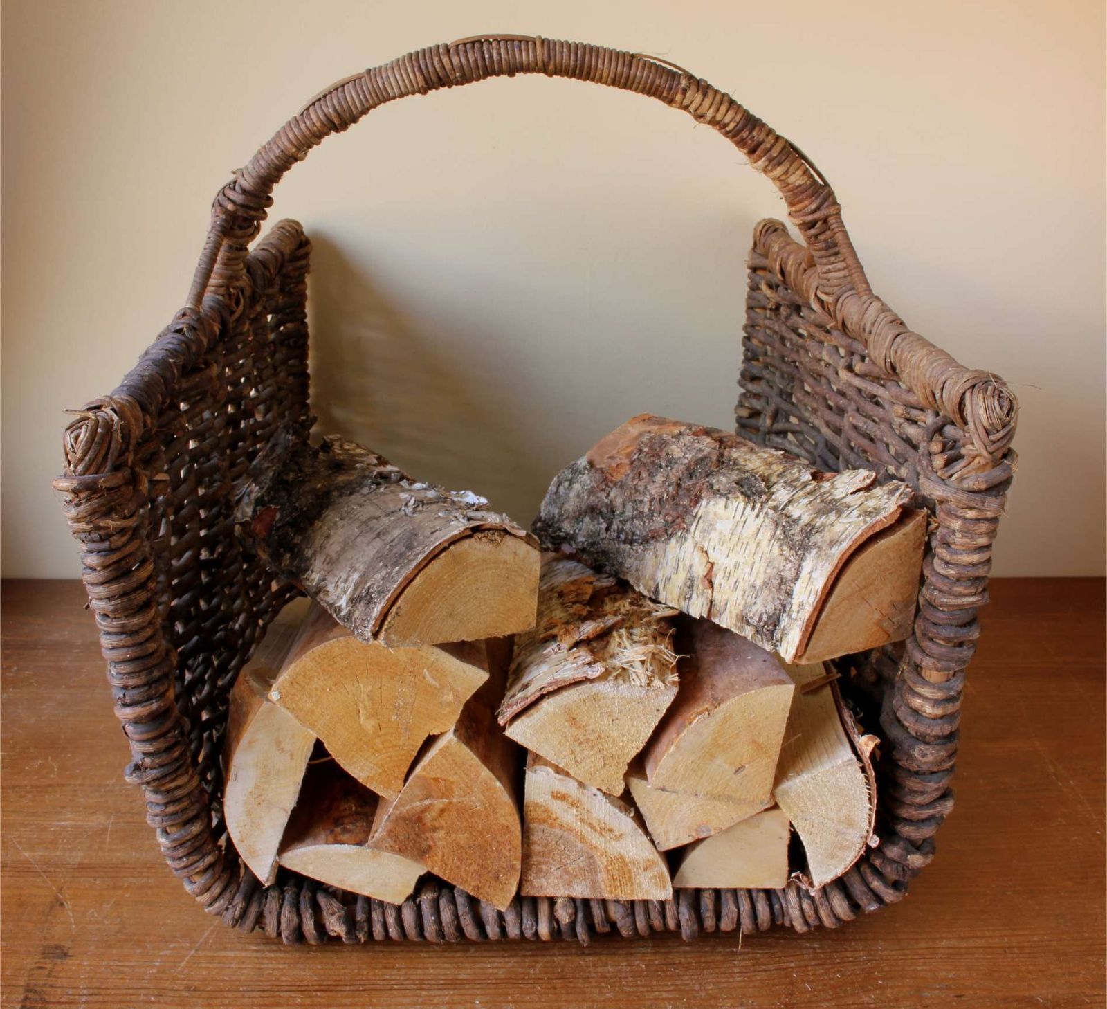 Large Rustic Open End Wooden Log Bin. Hand Woven French Harvest Basket. photo Home Decor