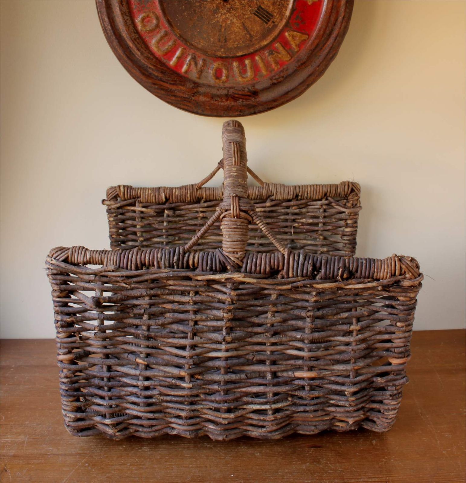 photo for sale Large Rustic Open End Wooden Log Bin. Hand Woven French Harvest Basket.
