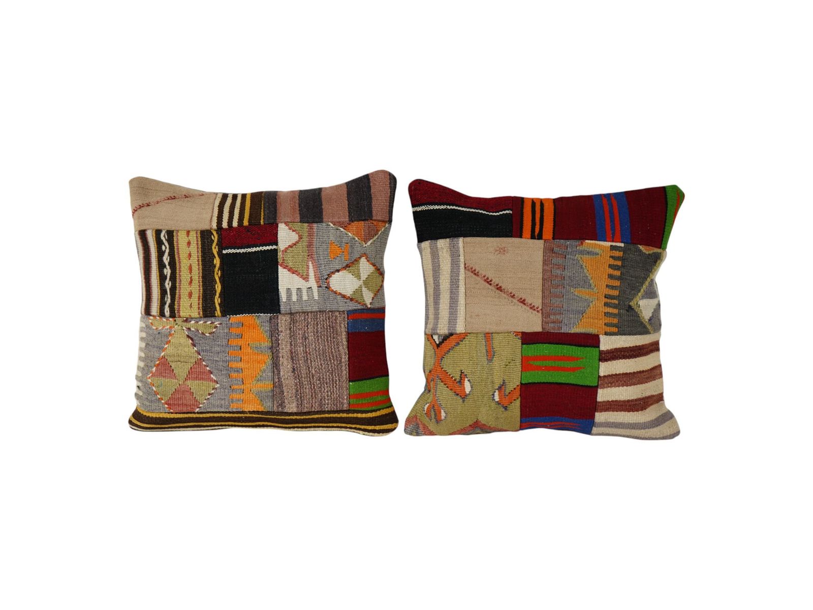 Set Turkish Patchwork Cushion Covers, Handmade Wool Kilim Pillows, Tribal Decorative Throw For Boho Living Room Gift