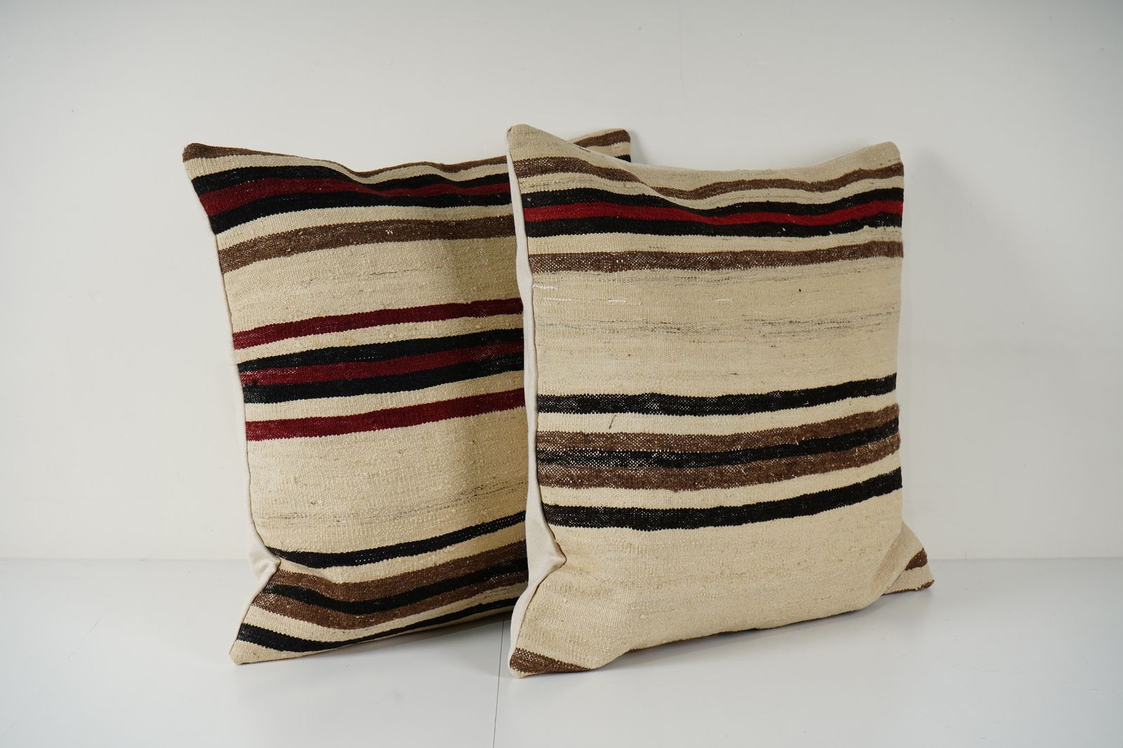 White Turkish Hemp Kilim Pillow Cover, Set Of Two Red Striped Anatolian Cushion Cover, Pair Organic Tribal Pillowcase photo Textiles