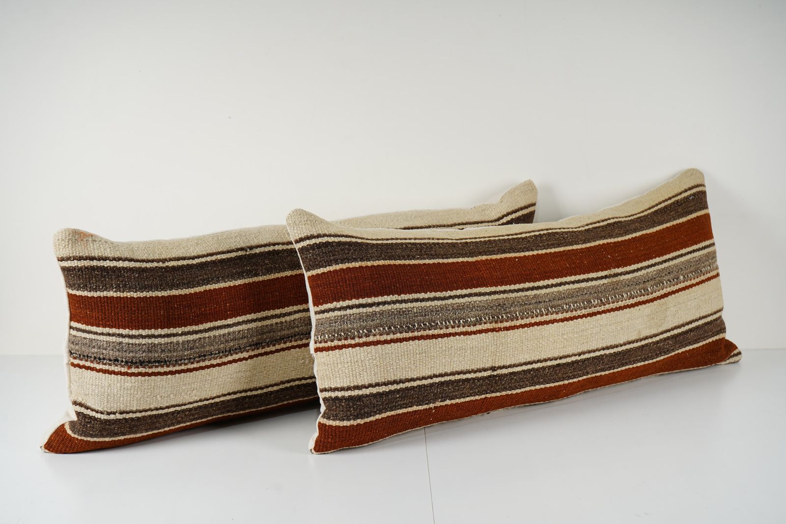 Turkish Hemp Kilim Pillow Cover Set Of 2, White Striped Anatolian Cushion Covers, Organic Tribal Lumbar Pillowcases photo for sale