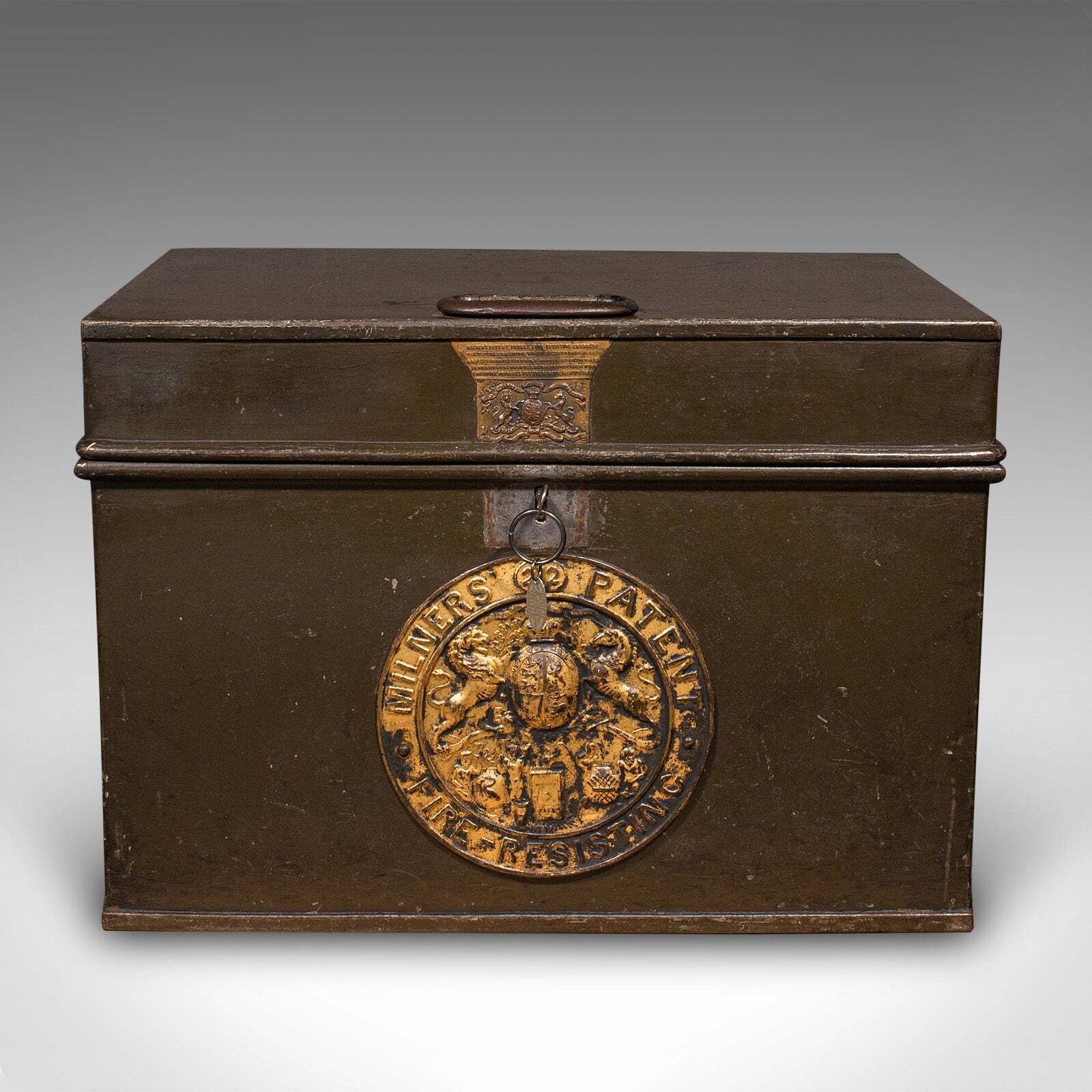Antique Patent Safe, English Cast Iron Lock Box, Milners Of Liverpool, Victorian photo for sale