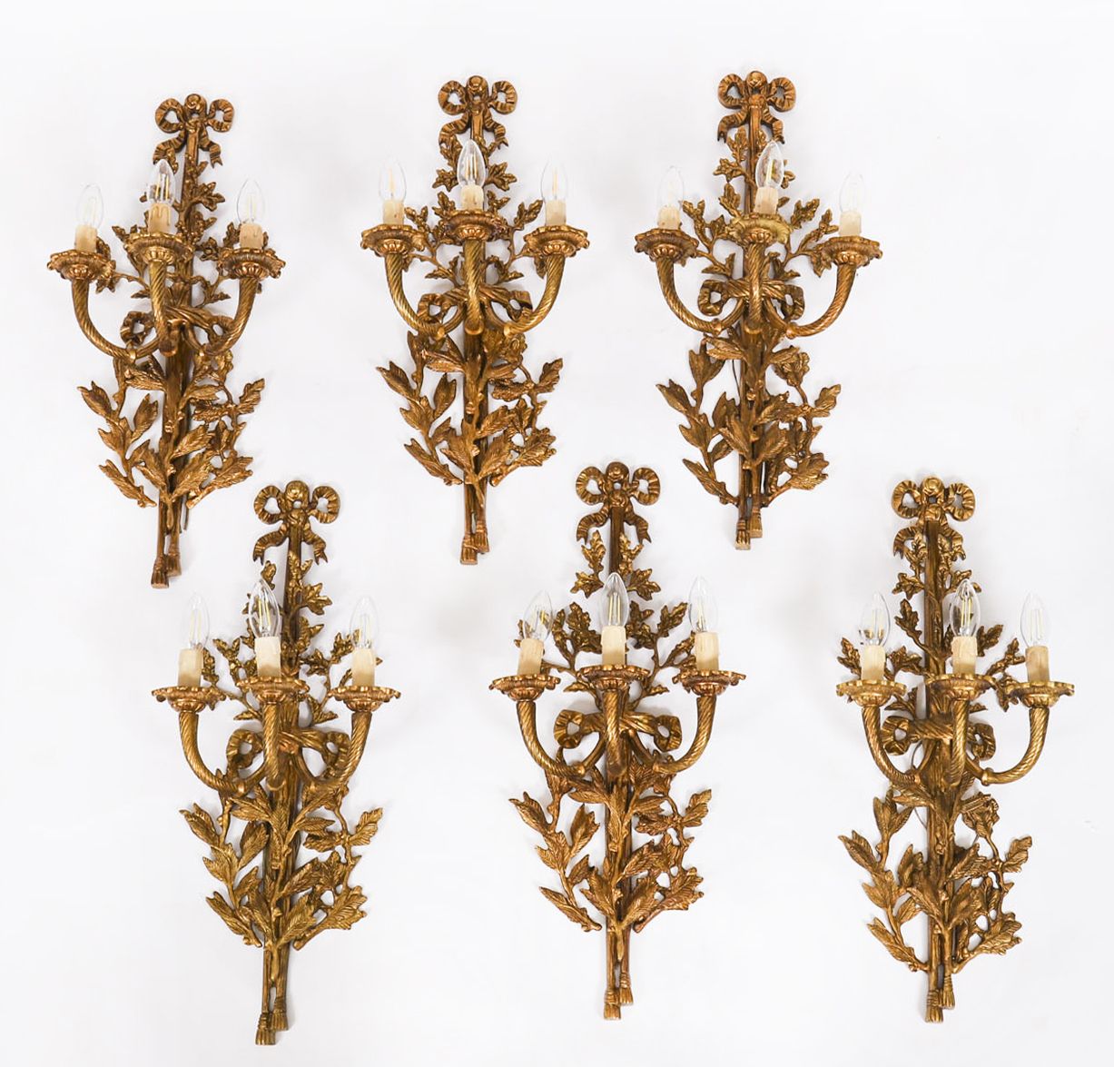 Antique Set Of 6 French Louis Revival 3 Branch Ormolu Wall Lights  20th C