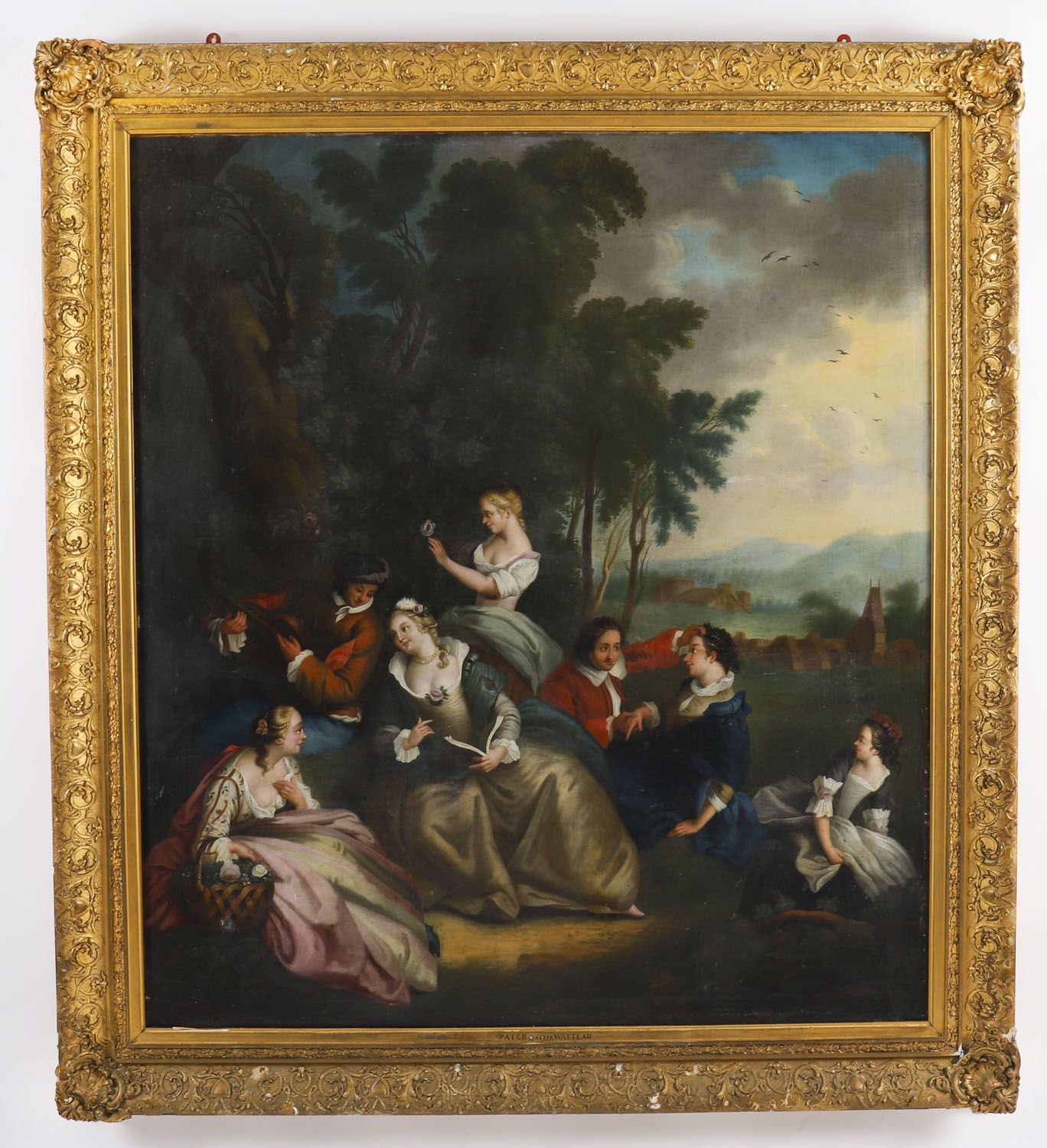 Antique Oil On Canvas  Painting "Party Picnicking" After Watteau 18thc