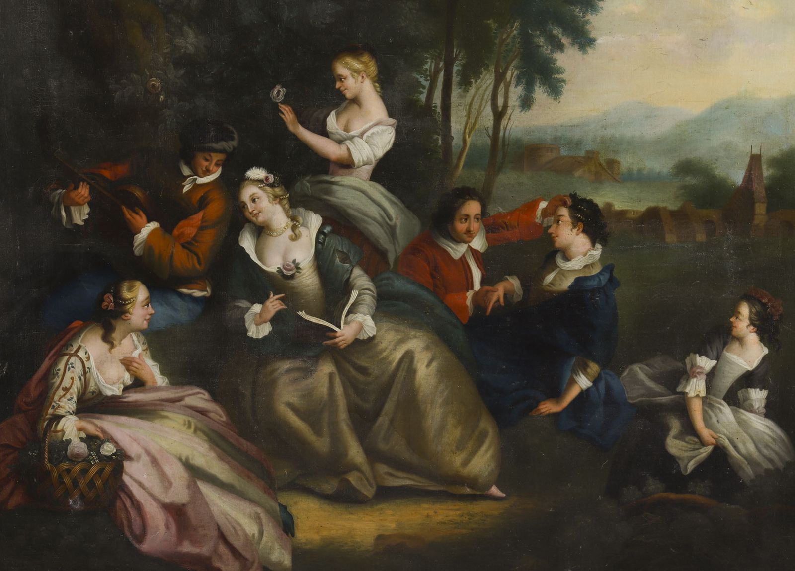 Antique Oil On Canvas  Painting "Party Picnicking" After Watteau 18thc photo Art