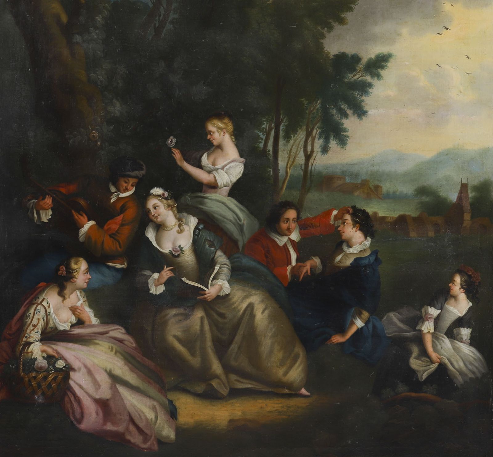 Antique Oil On Canvas  Painting "Party Picnicking" After Watteau 18thc photo 3250.0
