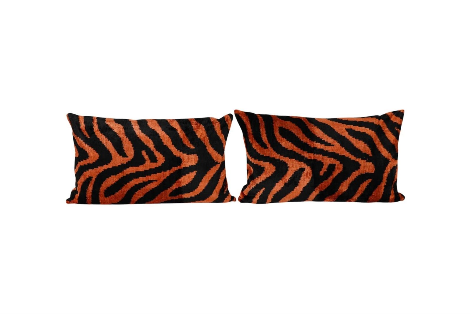 Silk Ikat Velvet Pillow Cover Set | Vermilion & Black Tiger Print Lumbar Pillows | Decorative Cushion Covers