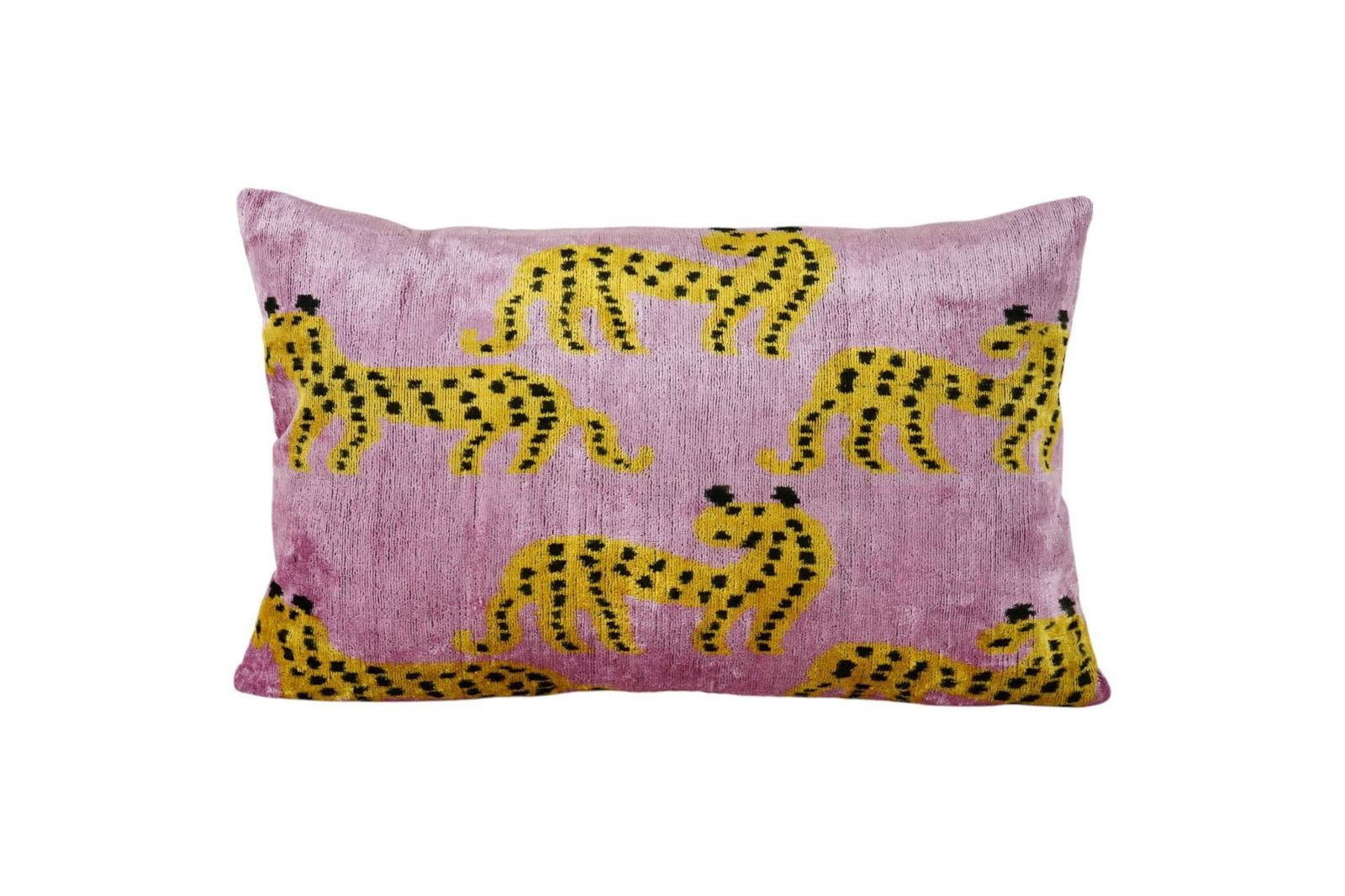 Pink Silk Ikat Velvet Pillow Cover With Cheetah Leopard Design   Boho Animal Print Decorative Cushion