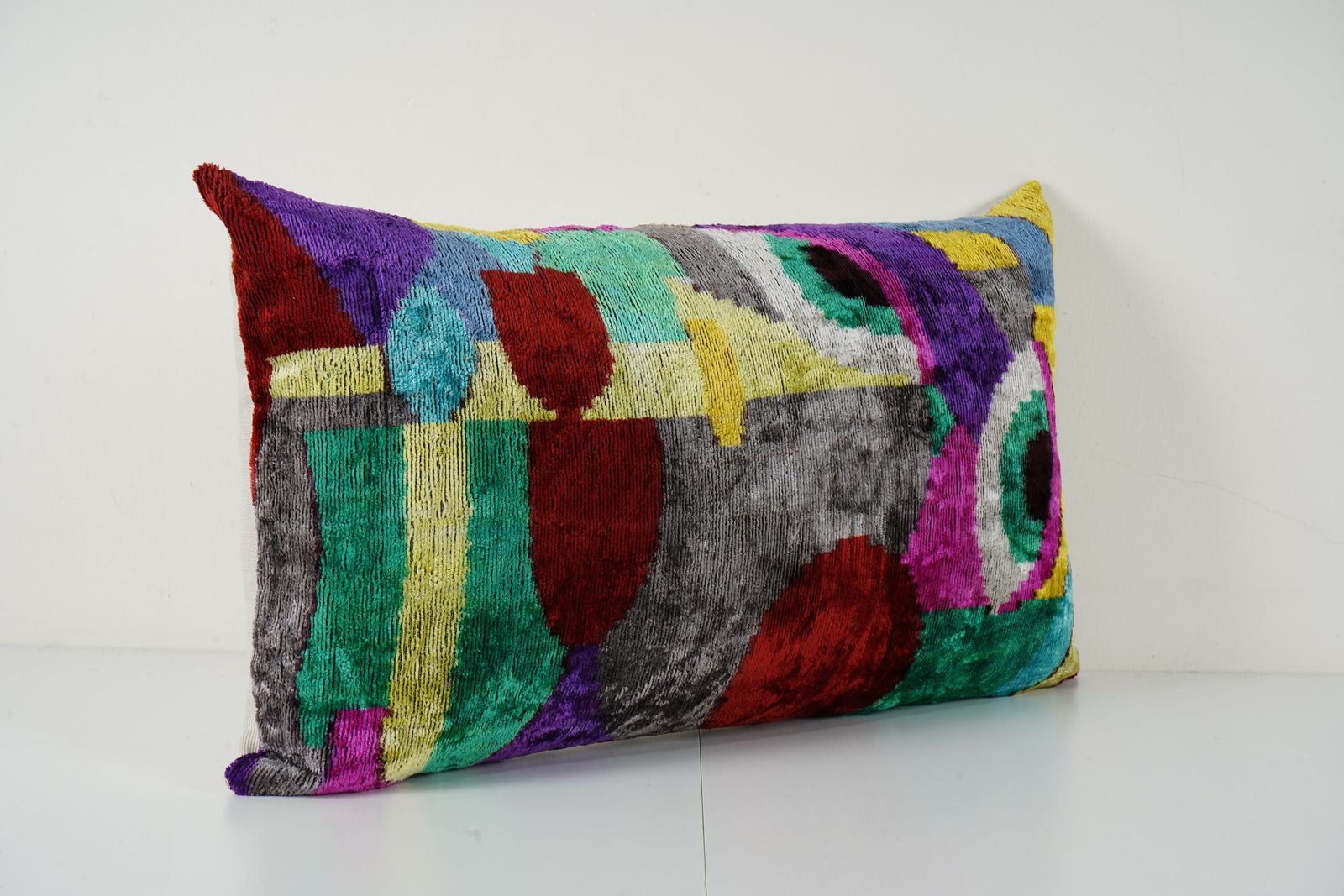 Colourful Silk Ikat Velvet Pillow Cover   Boho Abstract Throw Pillow   Handwoven Uzbek Lumbar Cushion 1 photo for sale