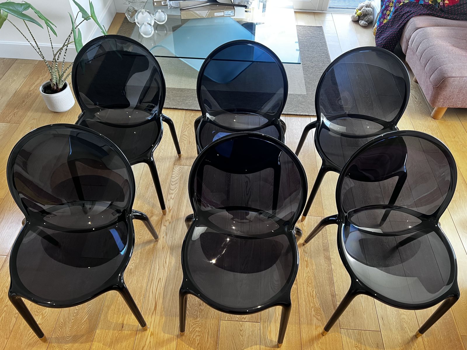 Set Of 6 Roche Bobois ‘Loop’ Dining Chairs – Black Gloss With Polished Gold Feet photo 450.0