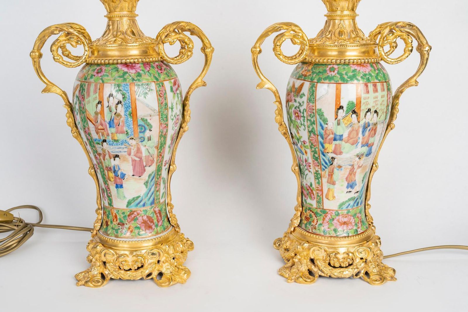 Pair Of 19th Century Canton Porcelain And Gilt Bronze Oil Lamps, Napoleon III. photo for sale