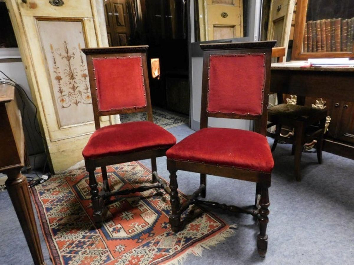 Pair Of Chairs, Armchairs, Red Velvet And Walnut Carved, Italy photo Furniture