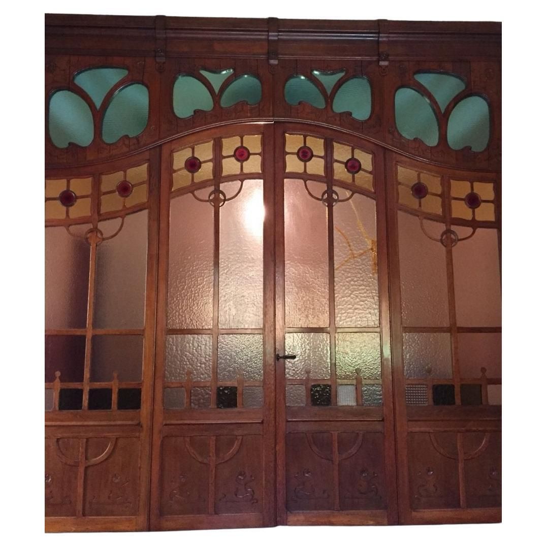 Porta Vetrata Liberty, Facciata Divisoria In Rovere Con Vetri Colorati, Italia