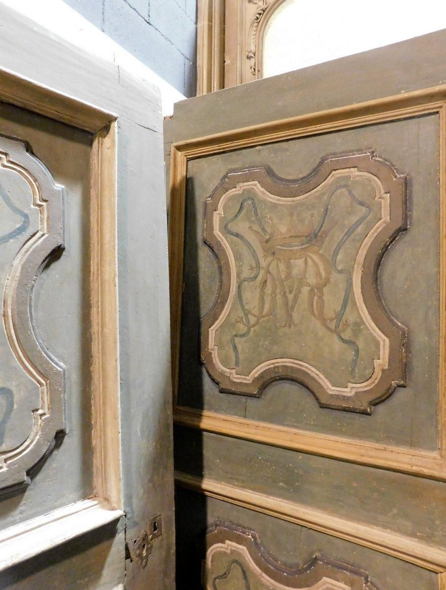 Set Of 2 Painted Wooden Doors, Green With Decorated Noble Initials, Italy photo buy