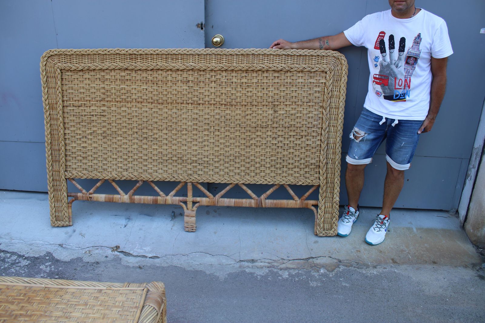 photo vinterior Italian Bamboo Wicker Bed Headboard 1970 Tommaso Barbi Italy