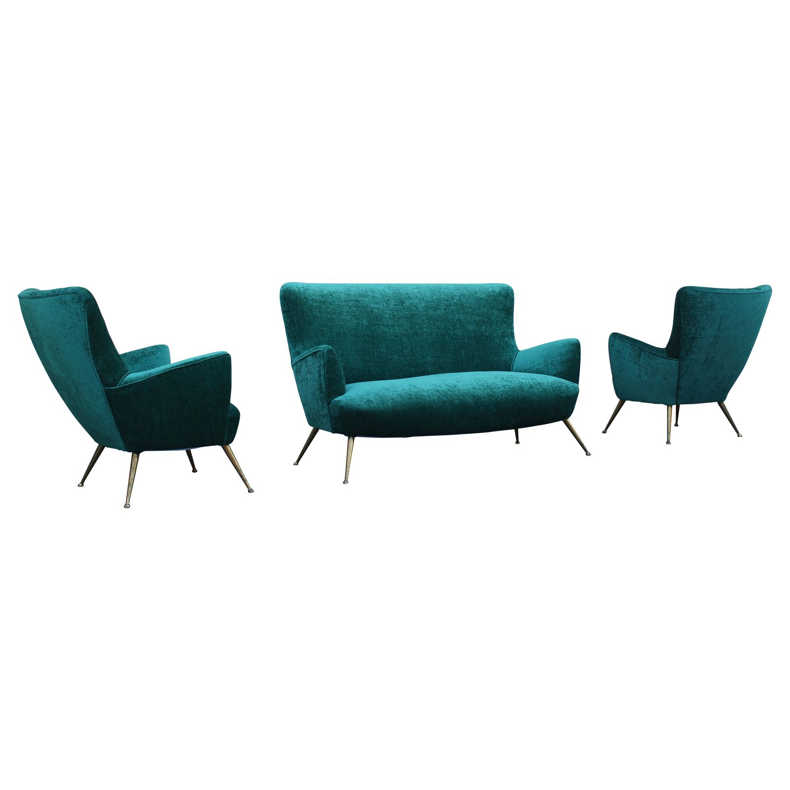Sofa Set Italian Mid Centruy Armchairs Brass Feet Spiked Velvet Green
