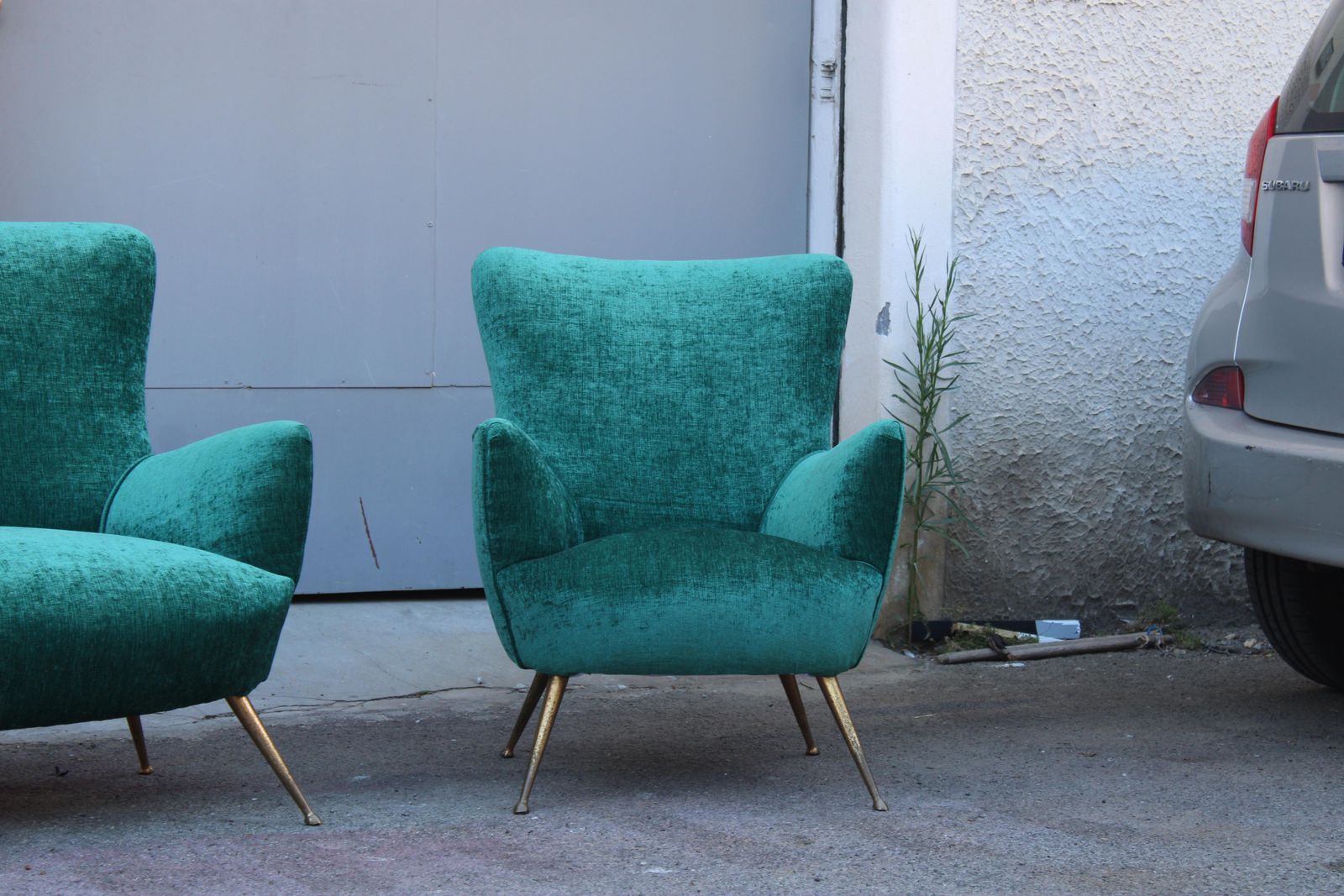 Sofa Set Italian Mid Centruy Armchairs Brass Feet Spiked Velvet Green photo for sale