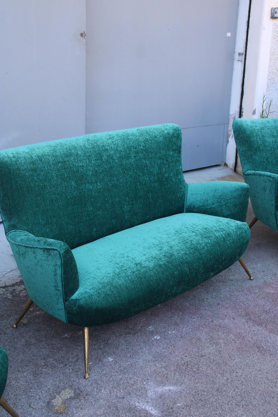 Sofa Set Italian Mid Centruy Armchairs Brass Feet Spiked Velvet Green photo buy