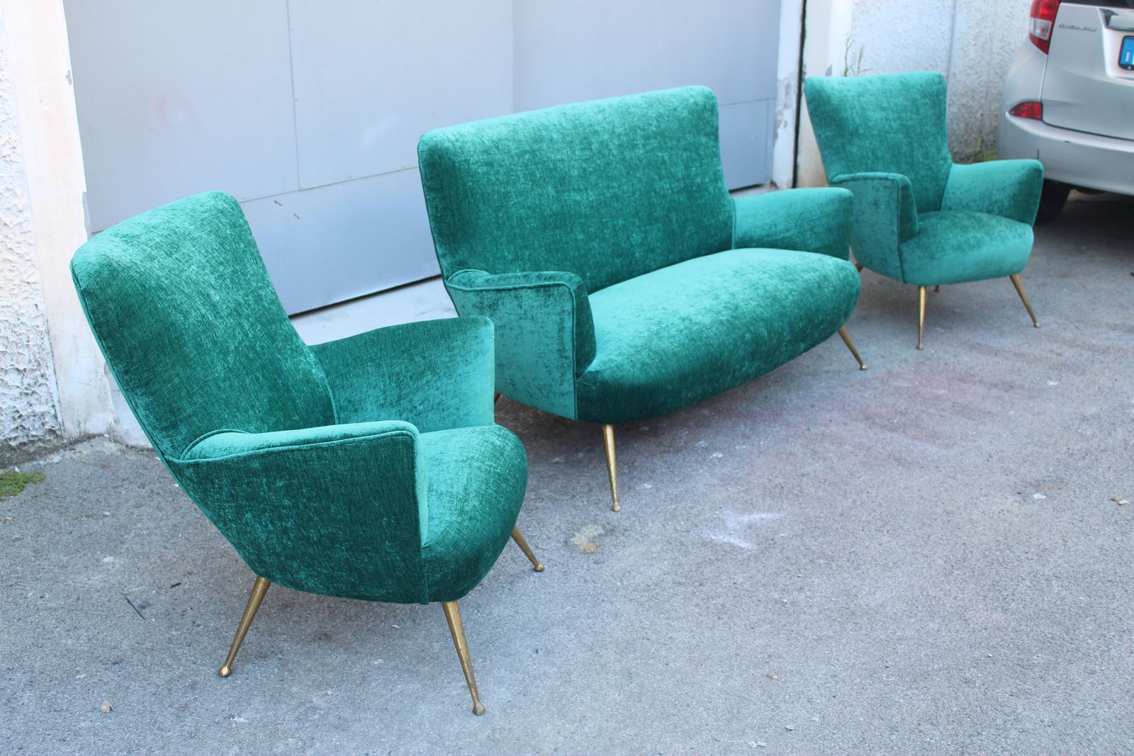 Sofa Set Italian Mid Centruy Armchairs Brass Feet Spiked Velvet Green photo vintage