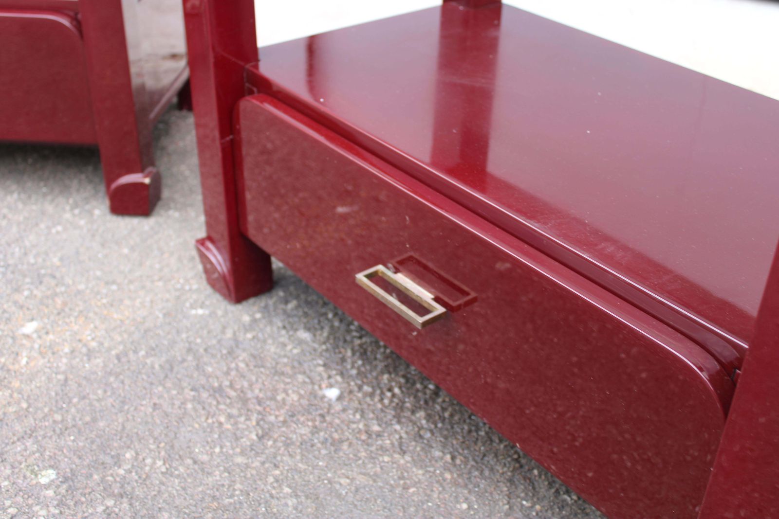 photo furniture Pair Of Red Lacquer Nightstands With Drawers And Glass Top 1970 Italy